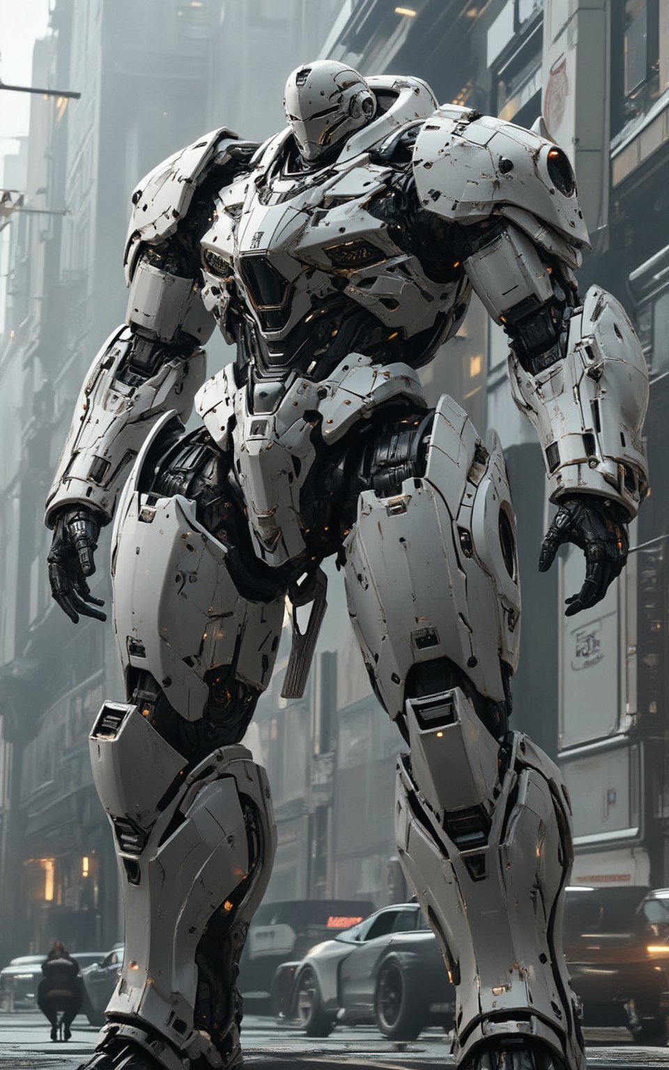 Futuristic mecha that combines elements of advanced technology and military aesthetics. This mecha must be imposing and robust, with a height of approximately 15 meters. It should be equipped with heavy weaponry, such as plasma cannons and guided missiles, in addition to having an advanced defense system with energy shields. Its design should include details such as reinforced armor plates, LED lights in the joints and a central cockpit where the pilot is located. The mecha must convey a sense of power and protection, ready to face any threat on the battlefield. Stunning image, masterpiece, 8k, professional style.