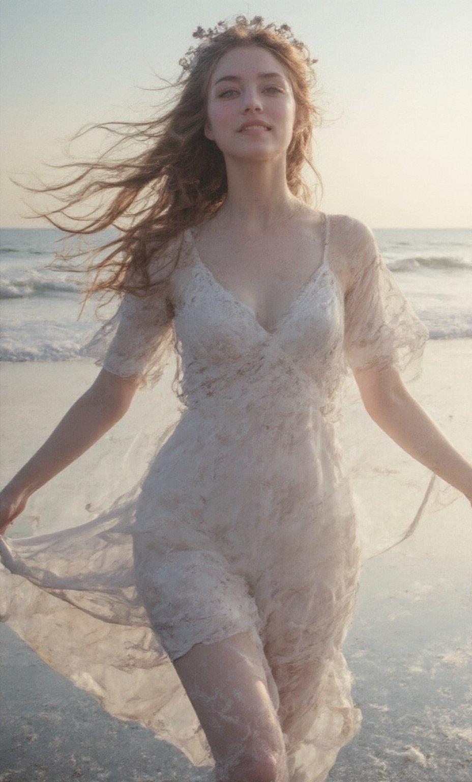 A woman with deep blue eyes and long, hop on the beach with legs split into near a straight line, in the air, flowing hair decorated with a crown of daisies. She is dressed in a simple, white cotton dress. The background shows a blurred beach scene with gentle waves and a golden sunset.,Shinobu_RT_flux