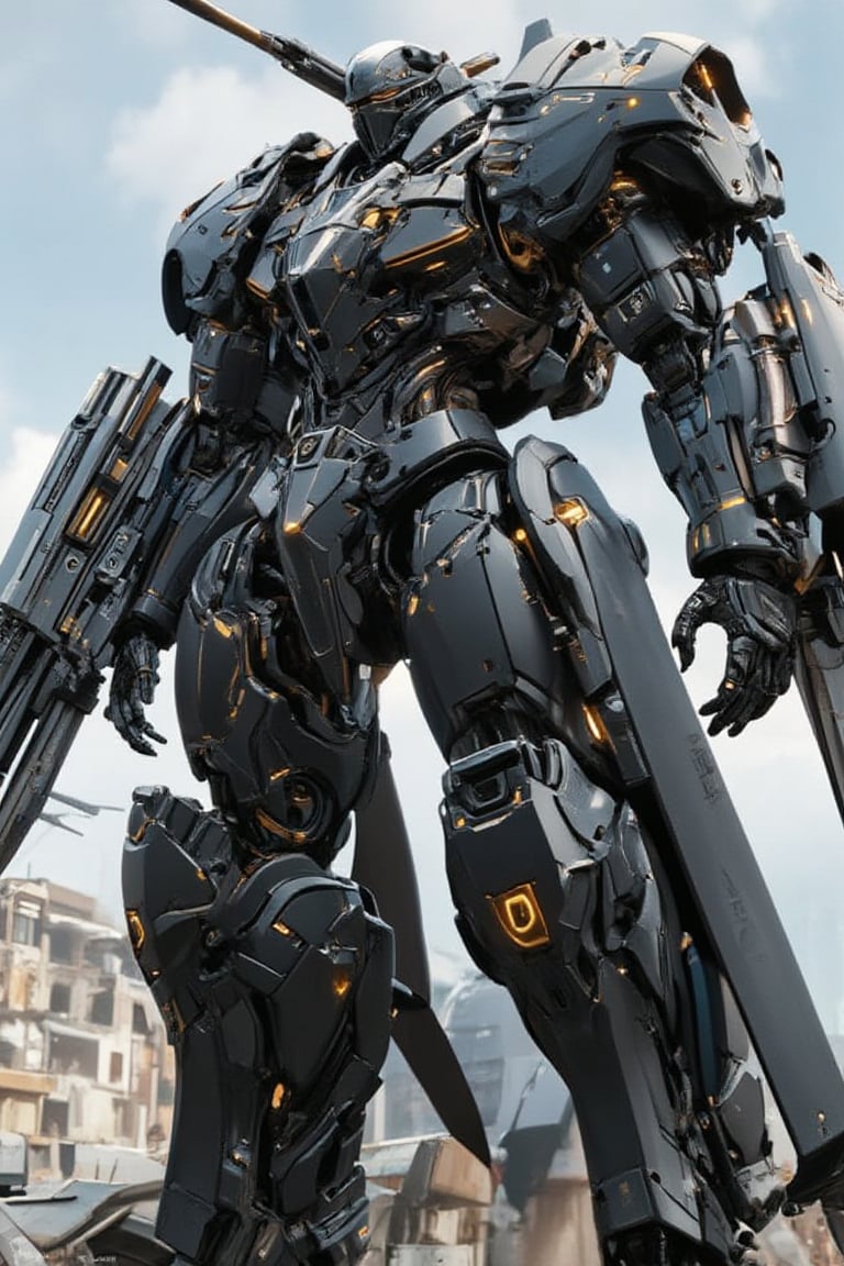 Futuristic mecha that combines elements of advanced technology and military aesthetics. This mecha must be imposing and robust, with a height of approximately 15 meters. It should be equipped with heavy weaponry, such as plasma cannons and guided missiles, in addition to having an advanced defense system with energy shields. Its design should include details such as reinforced armor plates, LED lights in the joints and a central cockpit where the pilot is located. The mecha must convey a sense of power and protection, ready to face any threat on the battlefield. Stunning image, masterpiece, 8k, professional style.