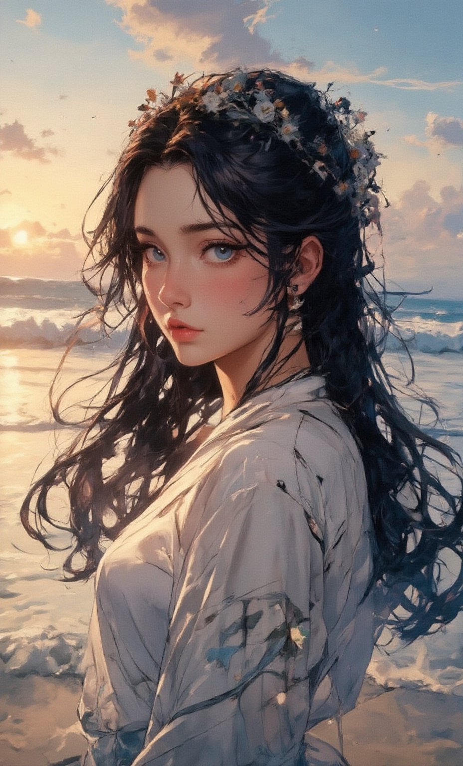 A serene woman with deep blue eyes and long, flowing hair decorated with a crown of daisies. She is dressed in a simple, white cotton dress. The background shows a blurred beach scene with gentle waves and a golden sunset.,Shinobu_RT_flux