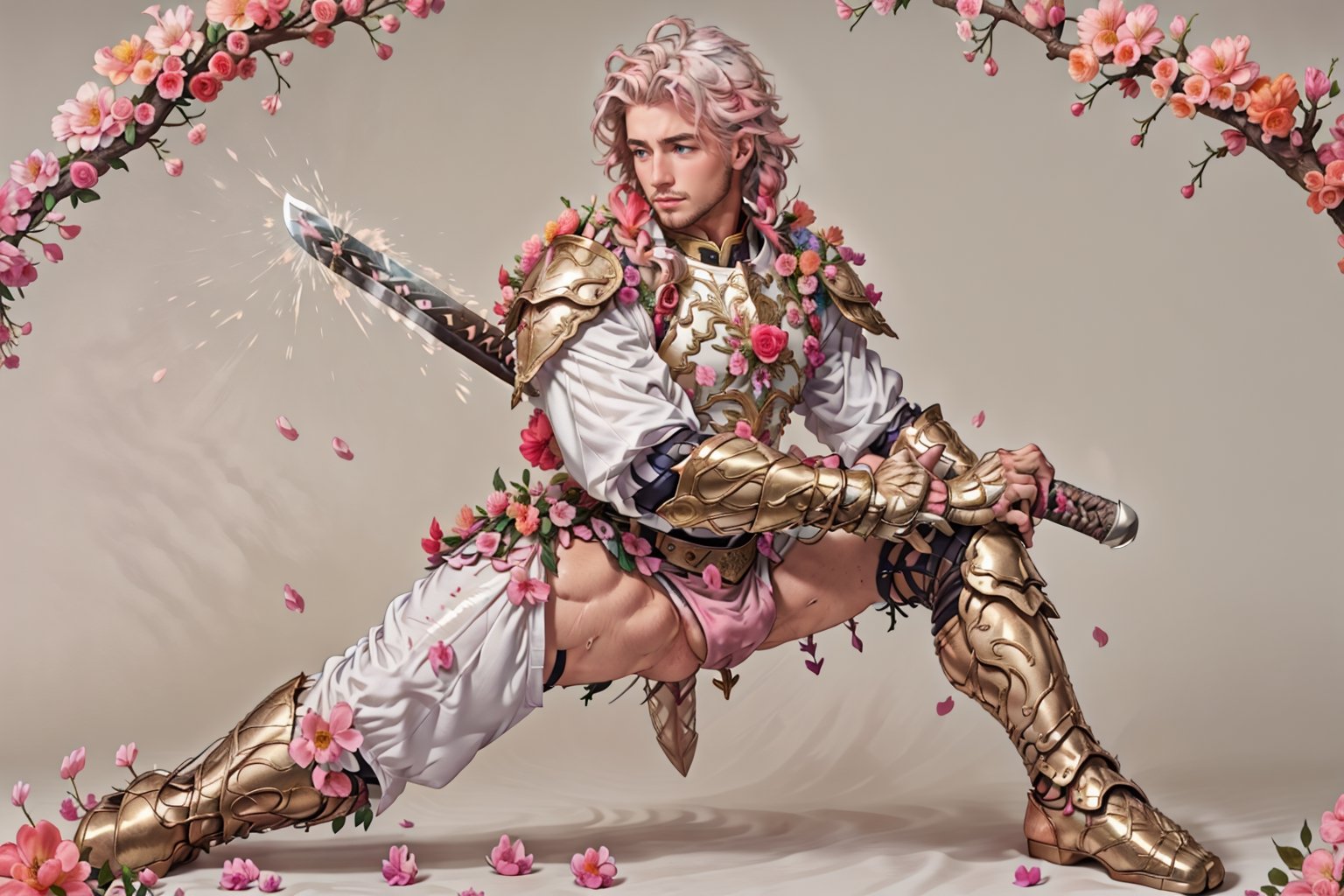 wearing armor, armor, 1man, pink bedroom background, white cover with gold,  wearing white skirt, slender boy , shy face  , pink braid hair , cute face , blue eyes, man body, sweaty body , sexy face, pink florest backwards  , full male body, male  ,flower4rmor,thicc , well done details, full of details , ,battoujutsu