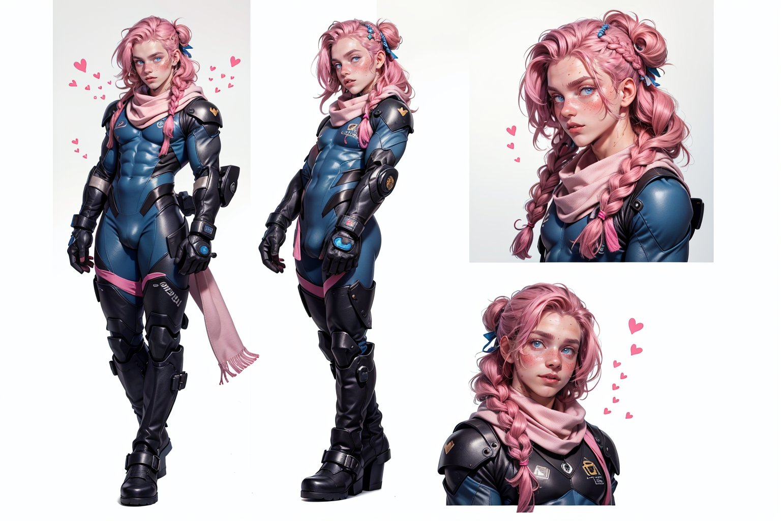  1 man, male face , braid pink hair, twink body, freckles face ,blue eyes  , kawaii ,perfect light,ruanyi0288,pink bodysuit,boots,mecha, a big white scarf,(CharacterSheet:1),(multiple views, full body, upper body, reference sheet:1)