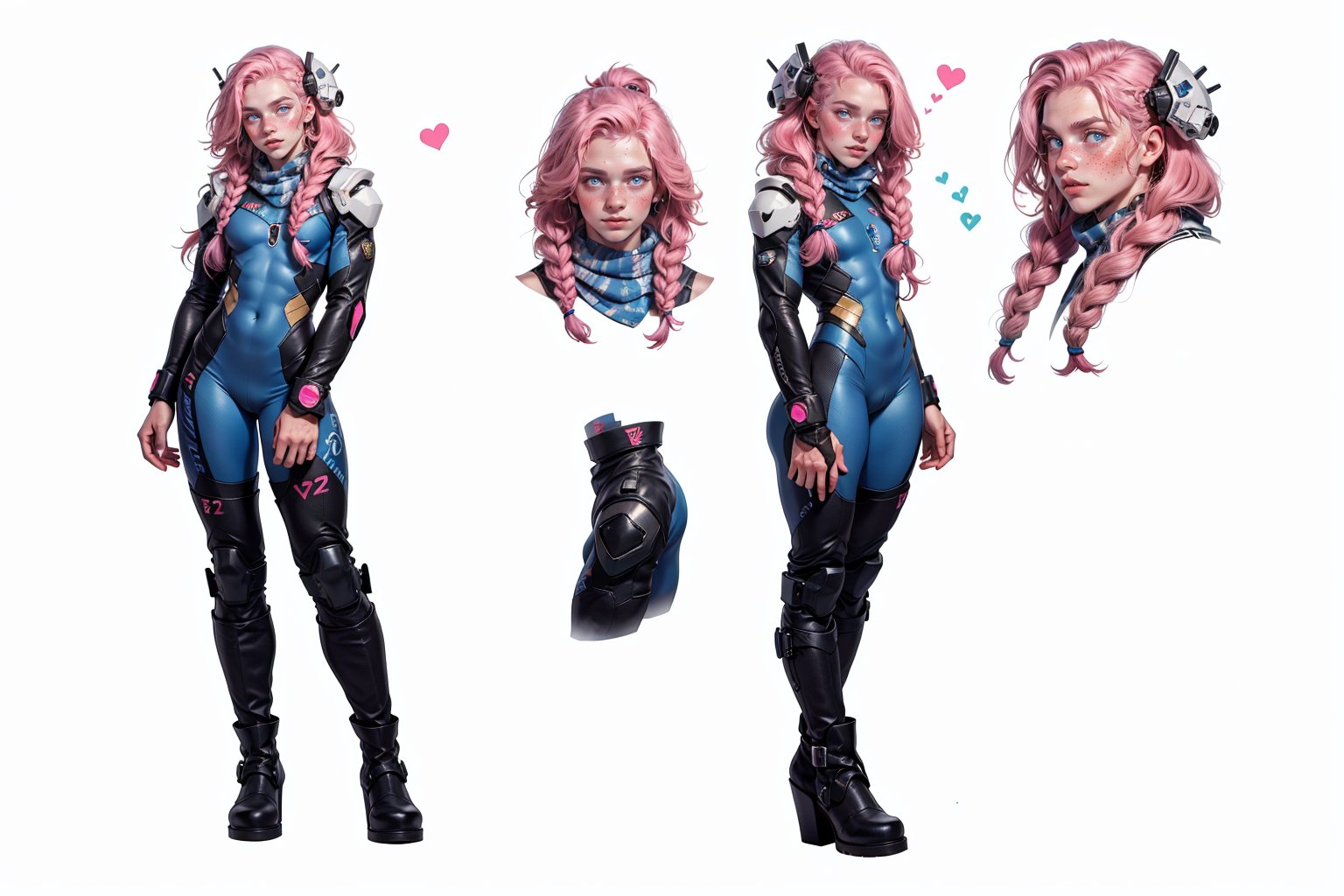  1 man, male face , braid pink hair, twink body, freckles face ,blue eyes  , kawaii ,perfect light,ruanyi0288,pink bodysuit,boots,mecha, a big white scarf,(CharacterSheet:1),(multiple views, full body, upper body, reference sheet:1)