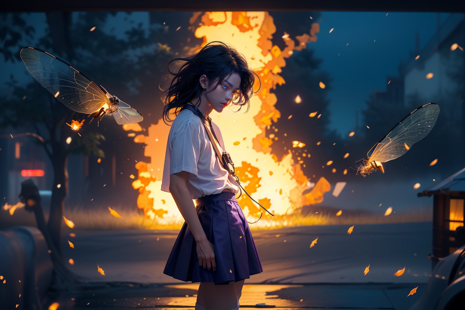  1 man, male face ,  freckles ,at night in the city  ,blue eyes , purple long hair , kawaii , wearing mini white skirt, harness, side brown bag, stockings BREAK,firefliesfireflies,r1ge