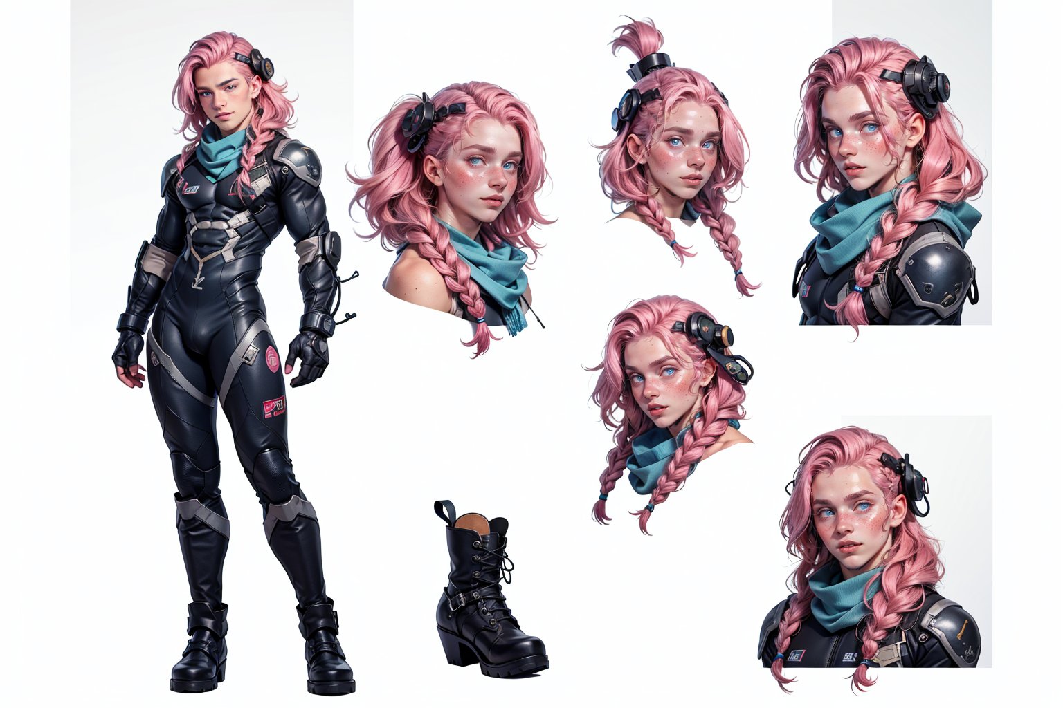  1 man, male face , braid pink hair, twink body, freckles face ,blue eyes  , kawaii ,perfect light,ruanyi0288,pink bodysuit,boots,mecha, a big white scarf,(CharacterSheet:1),(multiple views, full body, upper body, reference sheet:1)