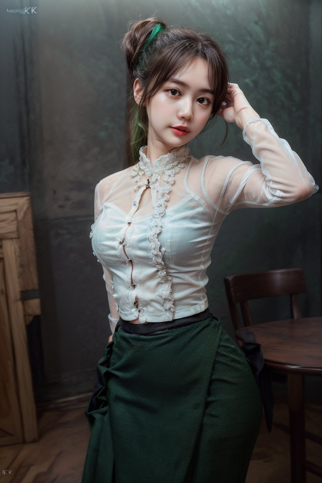 (Best quality, 8k, 32k, Masterpiece, Photorealistic, high contrast, UHD:1.2),(masterpiece, high quality:1.5), (8K, HDR), masterpiece, best quality, 1girl, solo, PrettyLadyxmcc,OrgLadymm,long_ponytail,(shirt color:clean green),(pose:random poses),long_skirt,
