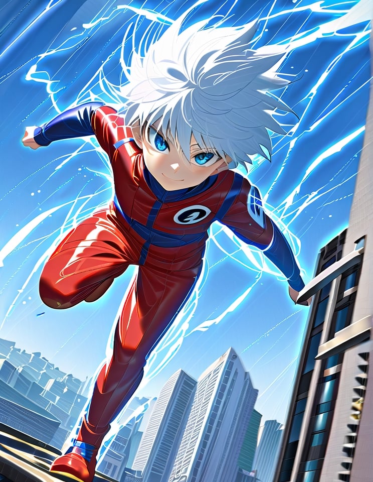 Killua, superhero, flash, red suit, blue rays, antifa mask, revealing hair and mouth, blue lightning, running, day, blue sky, city, front on foreground, smiling, blue eyes, illuminated look, white hair, uncovered hair, uncovered mouth,