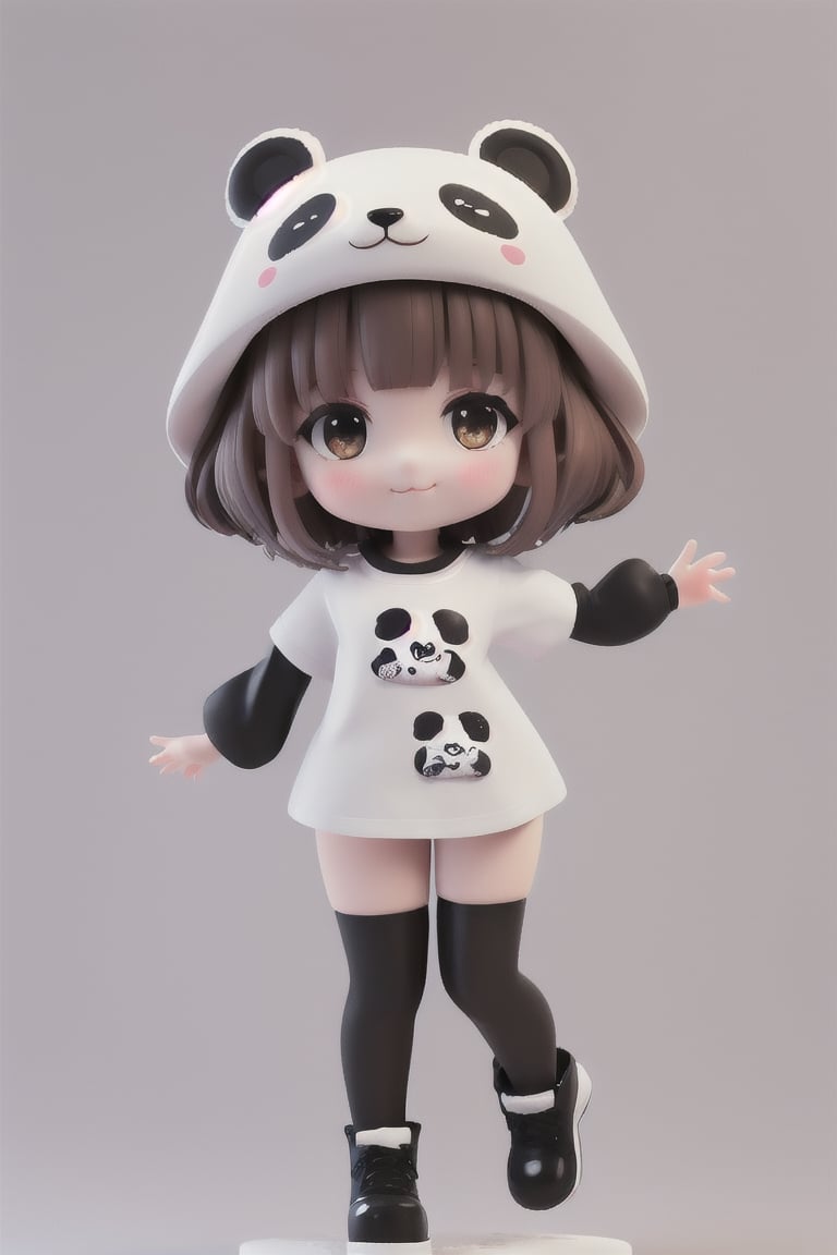 full body, multiple views, 3d rendering, 1girl, solo, looking at viewer, blush, short hair, bangs, simple background, brown hair, white background, brown eyes, full body, chibi, black footwear, :3, animal costume, panda, panda ears, white hat, ((white t-shirt)), cute, smile, happiness ,3D