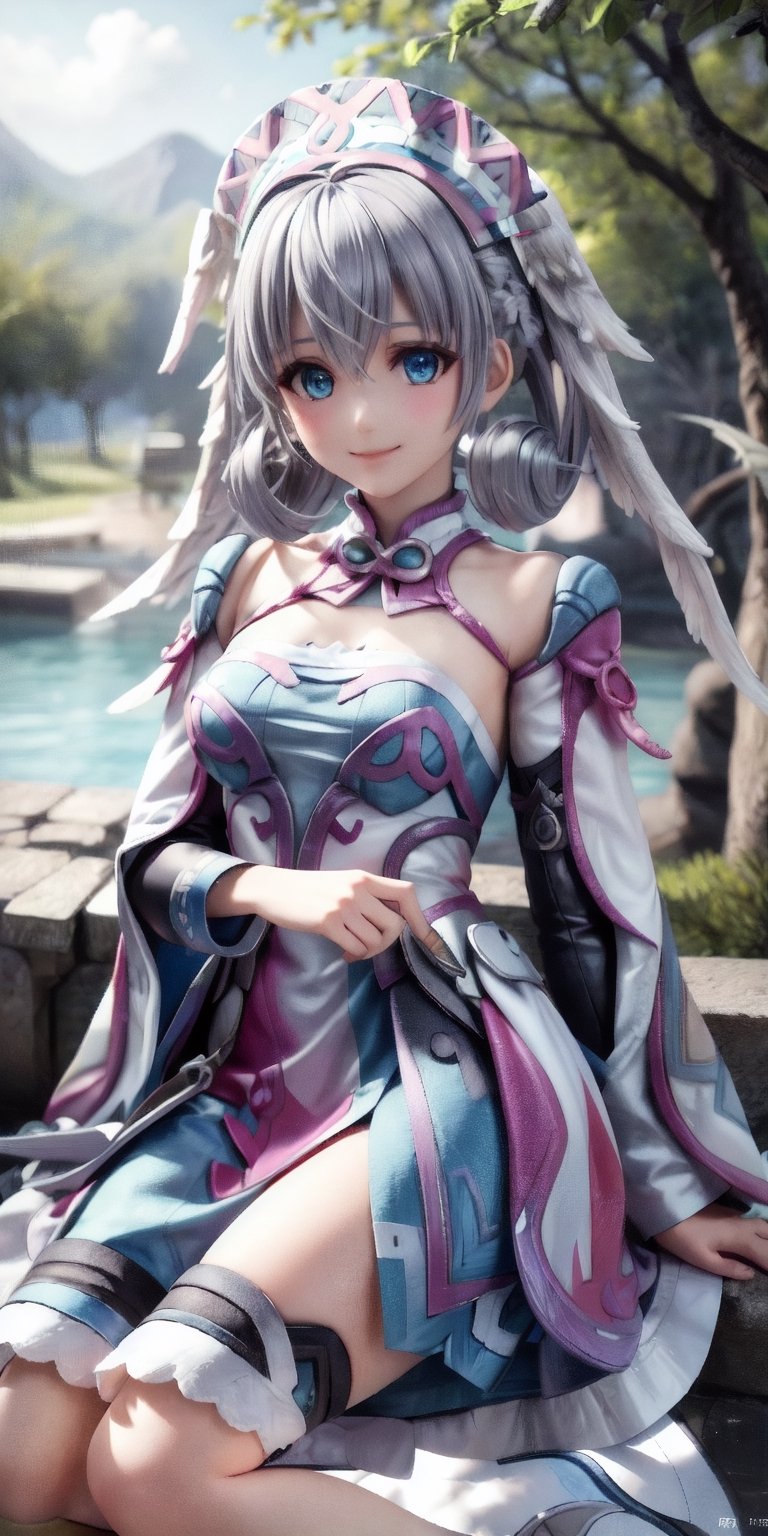 best quality, masterpiece, highres, detailed, digital artwork, , MeliaXenoblade, blue eyes, head wings, hair between eyes, grey hair, , pink dress, upper body, headdress,camp, happy, smile,MeliaXenoblade