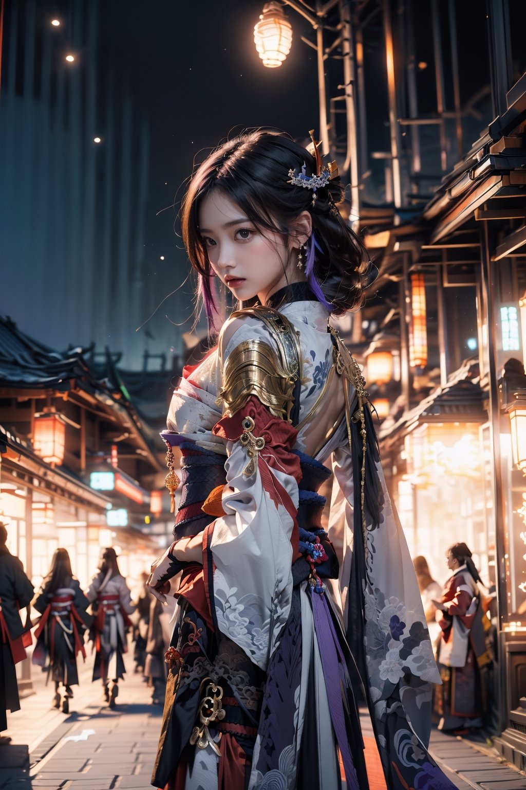 (Masterpiece, highest quality, high resolution, ultra-detailed, 16K, intricate, high contrast, HDR, vibrant color, RAW photo, (photorealistic:1.2), beautiful and aesthetic), cinematic lighting, soft lighting, medium breasts, tall, slim body, (((Genshin Impact, Raiden Shogun, raidenshogundef, Yae Miko, yaemikodef, Shenhe, long hair, purple hair, pink hair, silver white hair))), glowing hair, looking at the viewer, temple, torii, evening, evil smile, exaggeration arrogance, magic wand, high heels blue eyes, temple,nebula science, futuristic ,zero space, raging sun, eclipse, cosmic, space, galaxy, portal, scenic, iconic, cyberpunk, bonsai forest, scifi, light and dark, life and death, holding long spear, neon background, midjourney, ASU1, sky view
