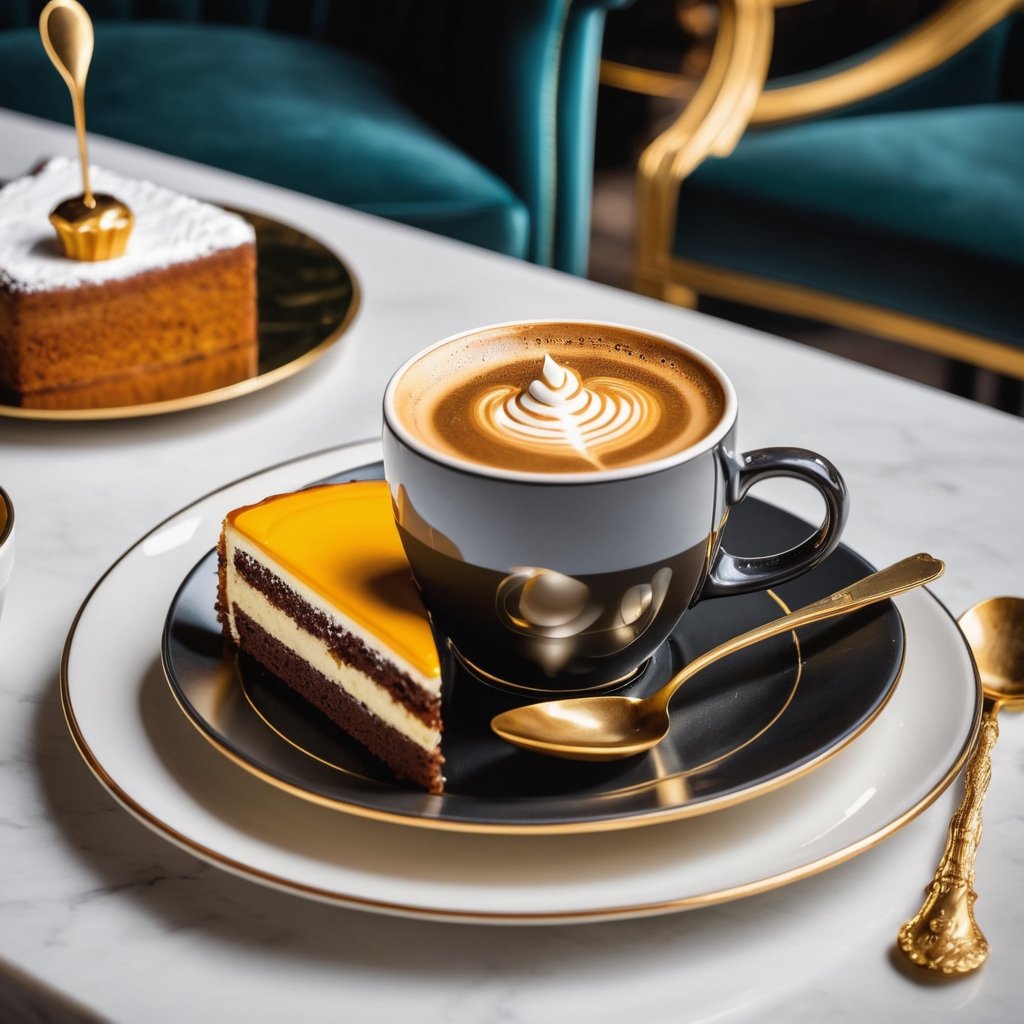 Raw photo,Masterpiece, high quality, best quality, authentic, super detail,

In a luxurious, modern coffee shop, there is a cup of hot black coffee on the table, accompanied by a unique teaspoon. The tableware is decorated in a European style with gold accents, and there is a cake on the table.