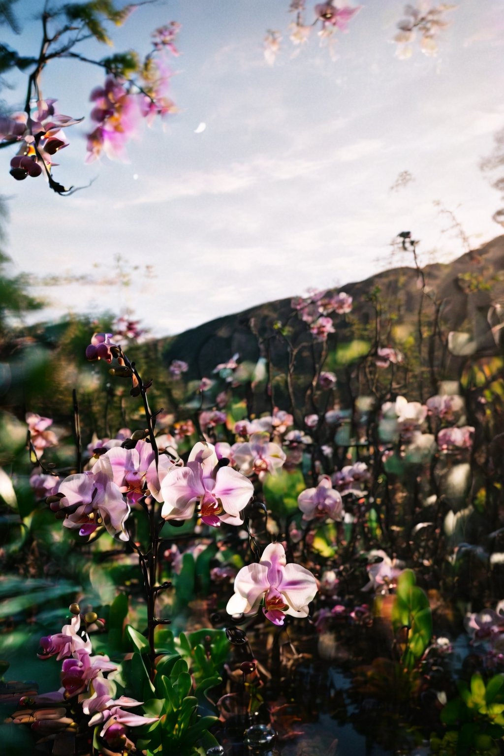 nature background, landscape, distortion, blur, meme, dreamcore, desaturation , brightness, chromatic distortion,analog photography, camera lens distortion, fantastic, daydream, liminal spaces, dreams, realistic nature, analog record, orchids