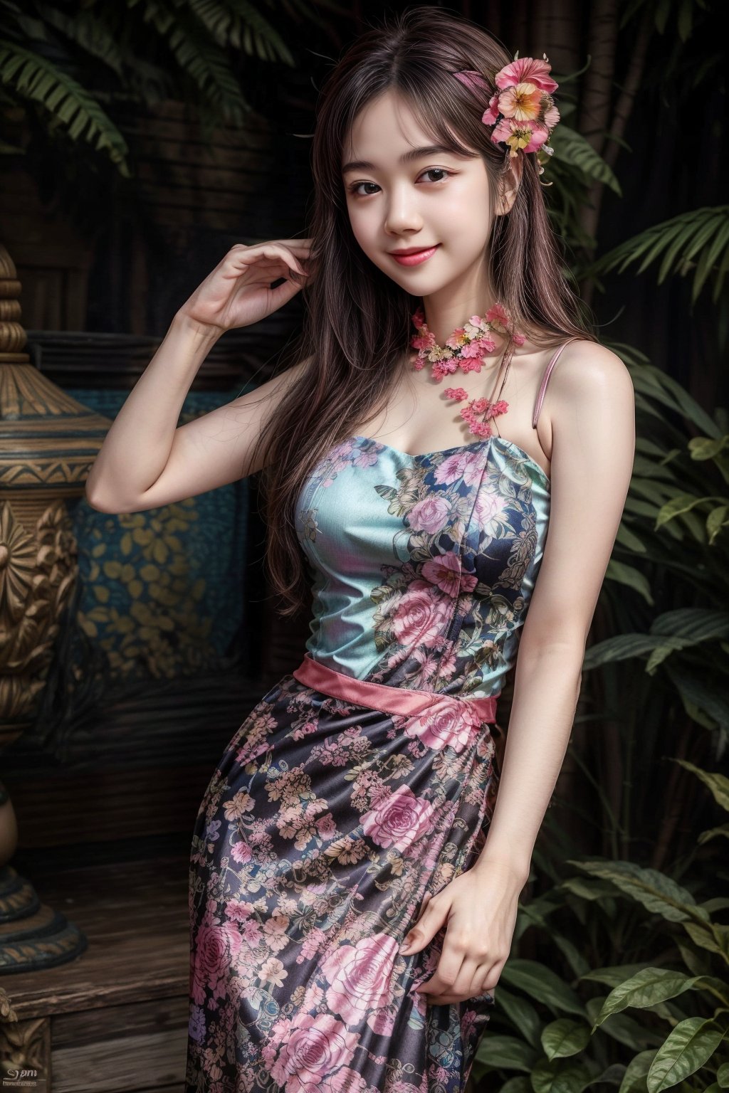 The image features a young woman with a radiant smile. She has long, dark hair and is wearing a sleeveless dress with a floral pattern. The dress is colorful, with hues of pink, blue, and green. She is also wearing a headband with a floral design. Her pose is relaxed, with one hand resting on her hip and the other gently touching her dress. The overall style of the image is vibrant and cheerful.outdoor
