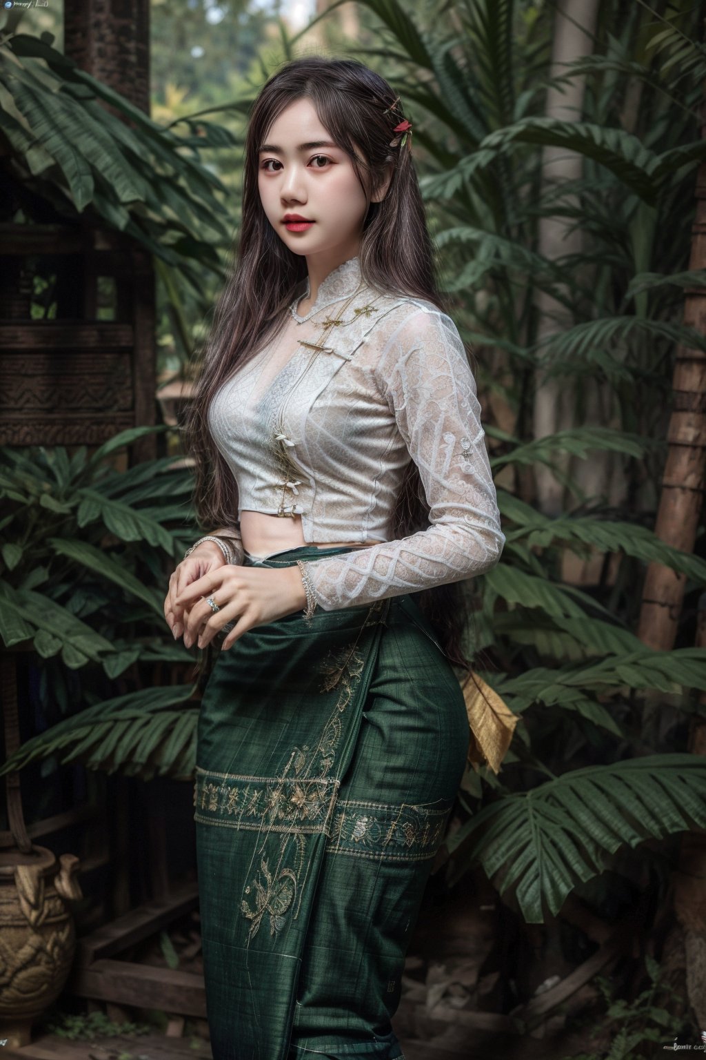 wearing acmmsayarma outfit, acmmsayarma ,Myanmar model ,long_hair,bracelet,outdoor,((green long skirt)),realistic,4k,detailed