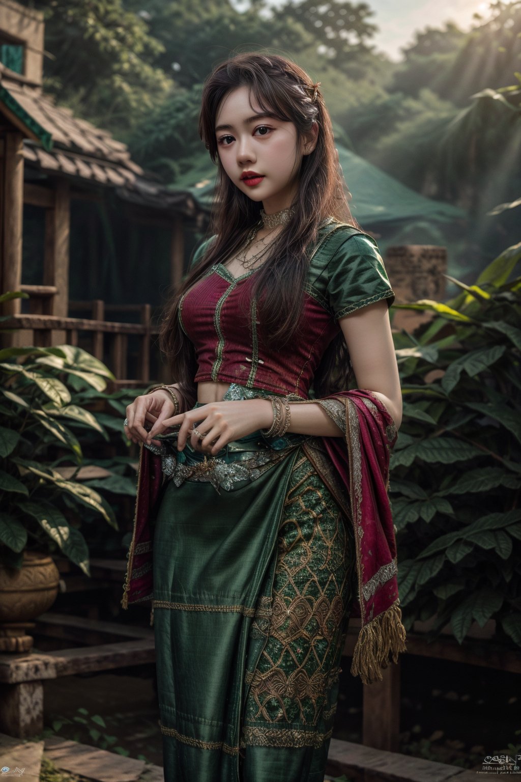 wearing acmmsayarma outfit, acmmsayarma ,Myanmar model ,long_hair,bracelet,outdoor,((green long skirt)),realistic,4k,detailed