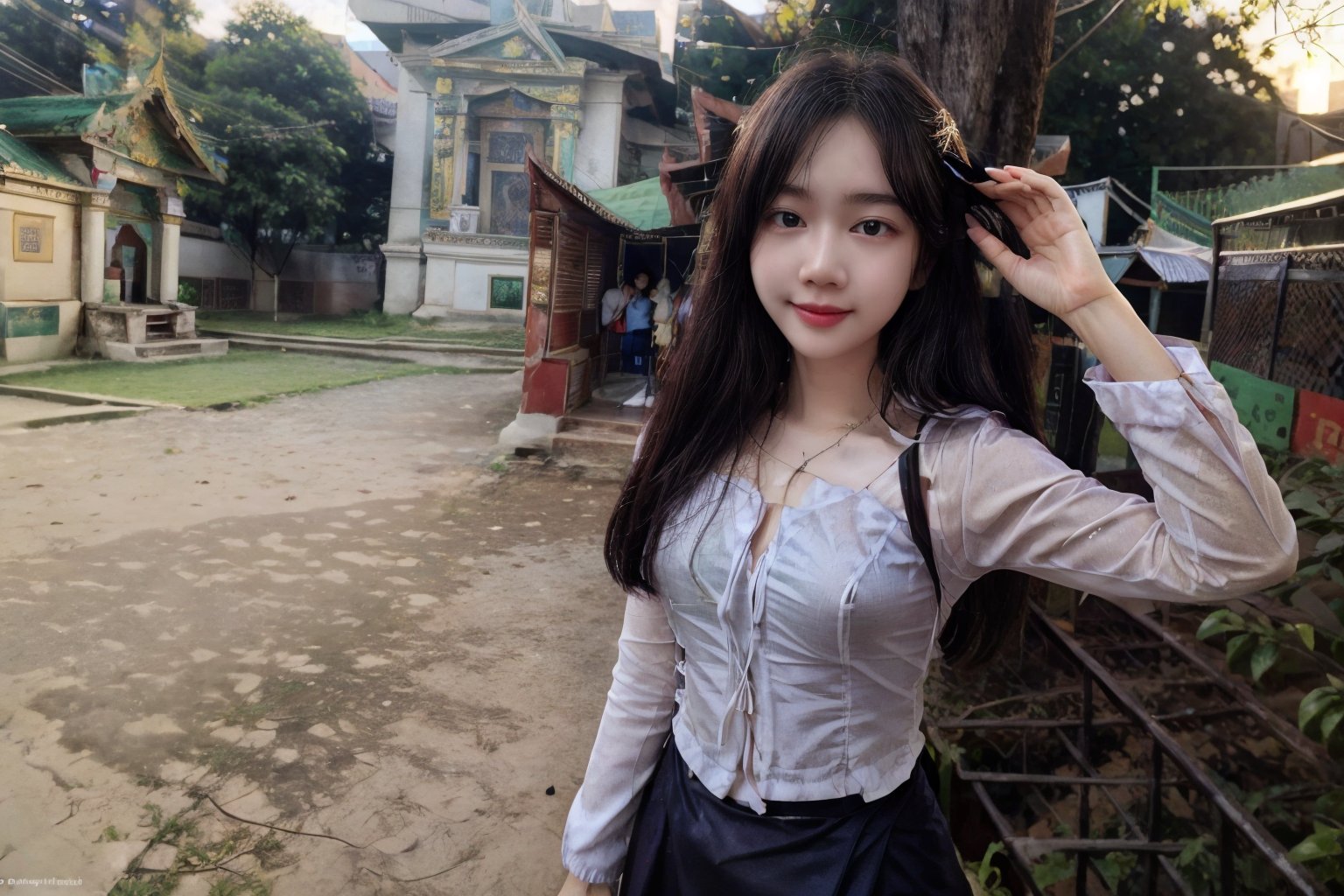 Myanmar_places,PrettyLadyxmcc,wearing acmmsayarma outfit,smile, park green,dressuni241,((1_girls)),