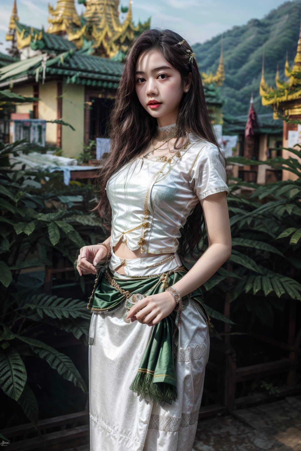 wearing acmmsayarma outfit, acmmsayarma ,Myanmar model ,long_hair,bracelet,outdoor,((green long skirt,white_shirt)),realistic,4k,detailed,wearing acmmstudent outfit