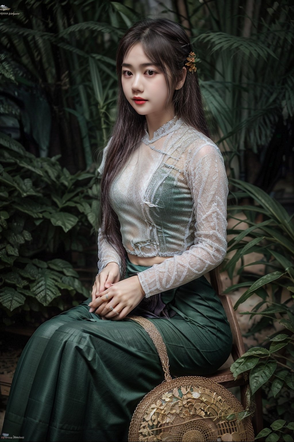 wearing acmmsayarma outfit, acmmsayarma ,Myanmar model , Khin Yathi thin,see-through,sheer_clothing,long_hair,bracelet,sitting at garden,((green long skirt))