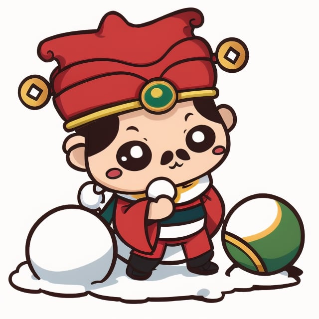 (1st boy),boy,red hat,hanfu,(White background), (SUPER CHIBI), chibi, full_body, Standing posture,chibi,(Wear a scarf),(get the snowball)happy