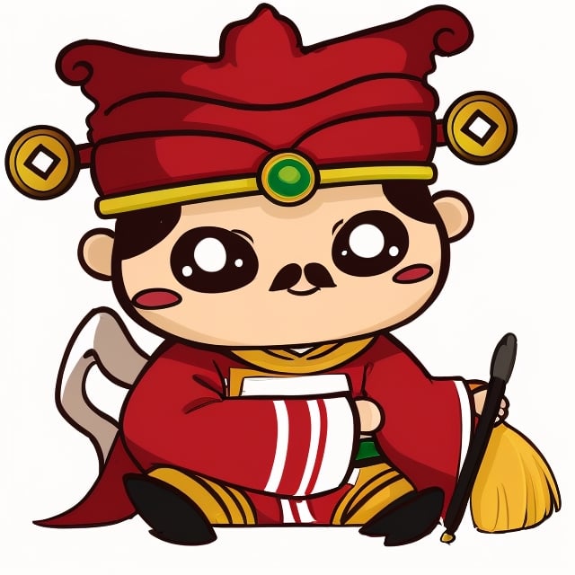 (1st boy),boy,red hat,hanfu,(White background), (SUPER CHIBI), chibi, full_body, Standing posture,chibi,walhing,(Hold the brush),happy,