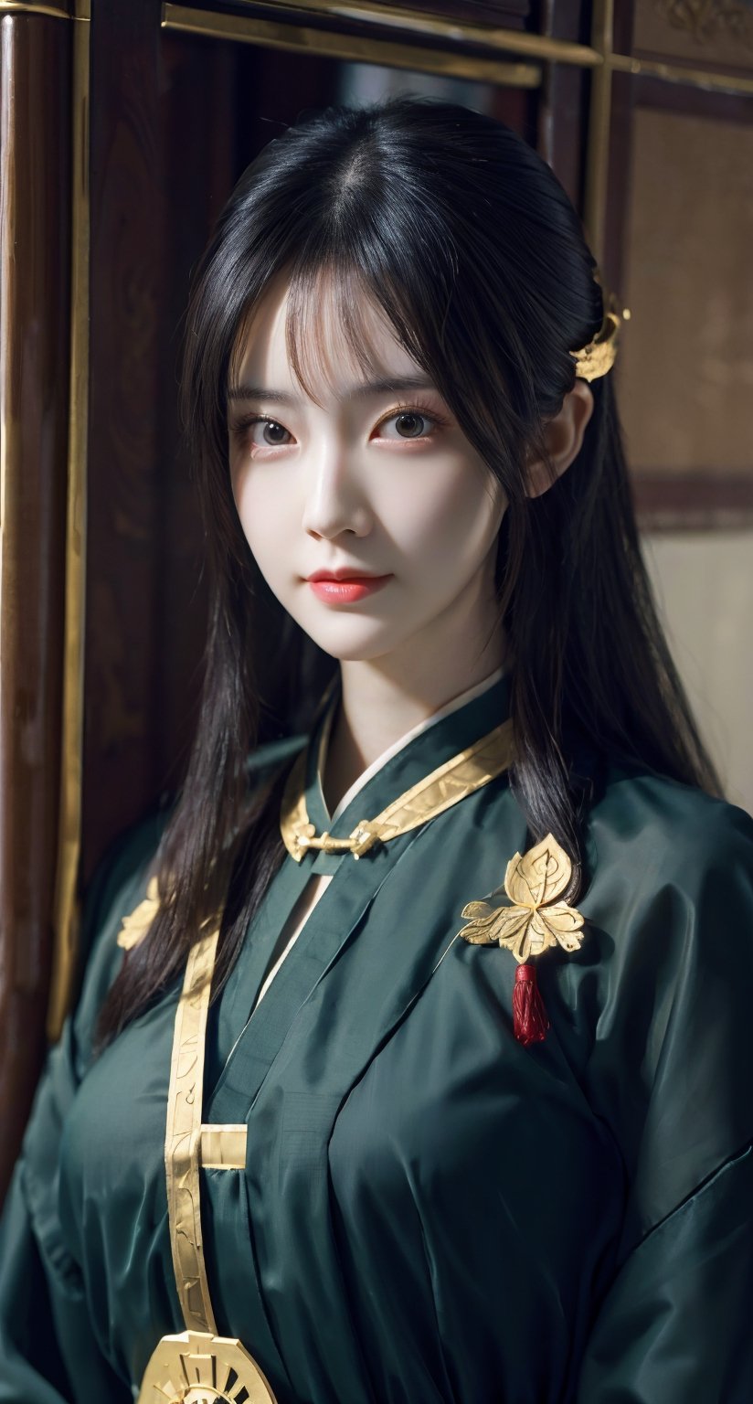 Best quality, masterpiece, ultra high res, 1 girl, beautiful face, detailed skin, looking at the viewer, black eyes, floating hair, slender, Chinese, black hair, pale skin,  straight_hair, beautiful, regal, chinese_clothes,  graceful, mid journey portrait,  hanfu, ancient_beautiful, Detailedface, zombie, cosplay costume , 