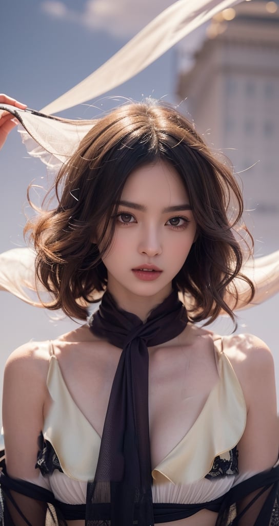 (extremely detailed CG unity 8k wallpaper),(((masterpiece))), (((best quality))), ((ultra-detailed)), (best illustration),(best shadow), ((an extremely delicate and beautiful)),dynamic angle,floating, solo,((1girl)),{long wavy curly hair},expressionless,,silk shawl, frills,cute anime face,blush,(beautiful detailed eyes),Extremely Realistic,1 girl ,Purple dress and gold scarf