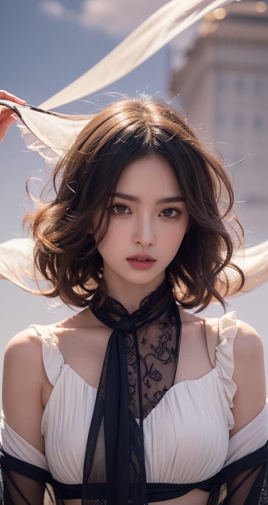 (extremely detailed CG unity 8k wallpaper),(((masterpiece))), (((best quality))), ((ultra-detailed)), (best illustration),(best shadow), ((an extremely delicate and beautiful)),dynamic angle,floating, solo,((1girl)),{long wavy curly hair},expressionless,,silk shawl, frills,cute anime face,blush,(beautiful detailed eyes),Extremely Realistic,1 girl