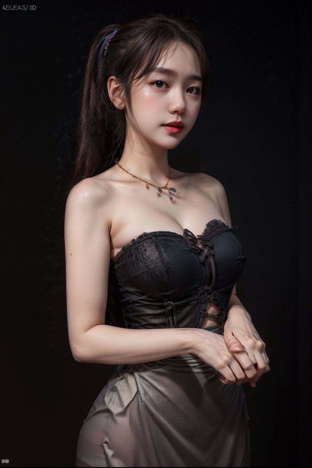 masterpiece, high quality:1.5), (8K, HDR), masterpiece, best quality, 1girl, solo, PrettyLadyxmcc,OrgLadymm,gradient black background,long_ponytail,(shirt color:Dove,shirt style:Strapless Neck,Dry Clean)