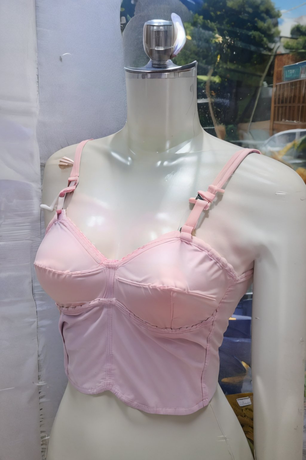 mm_bra,a mannequin torso with a pink bralet