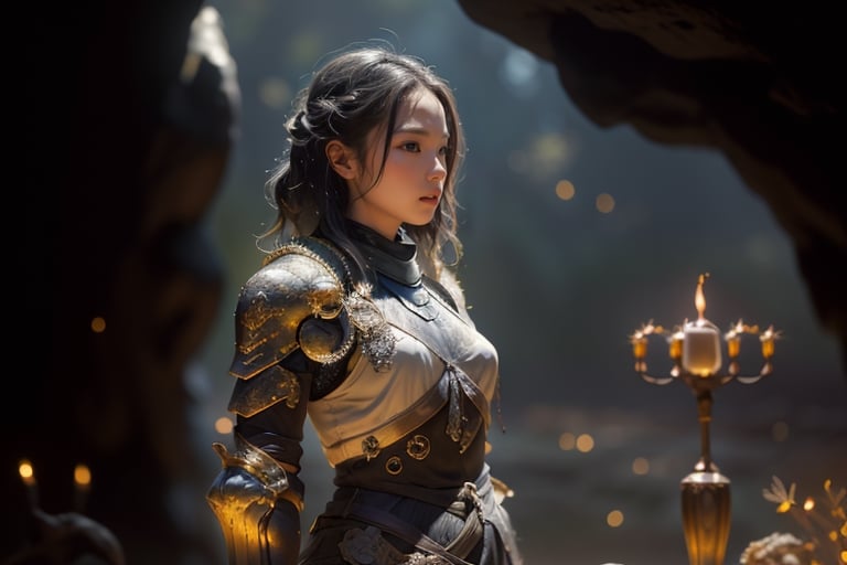 best quality, masterpiece, beautiful and aesthetic, 16K, (HDR:1.4),  cinematic lighting, ambient lighting, warm light, sidelighting, Exquisite details and textures, cinematic shot,  fantasy landscape, temple inside a large cave,  fireflies,knight,armor,1girl,1 girl