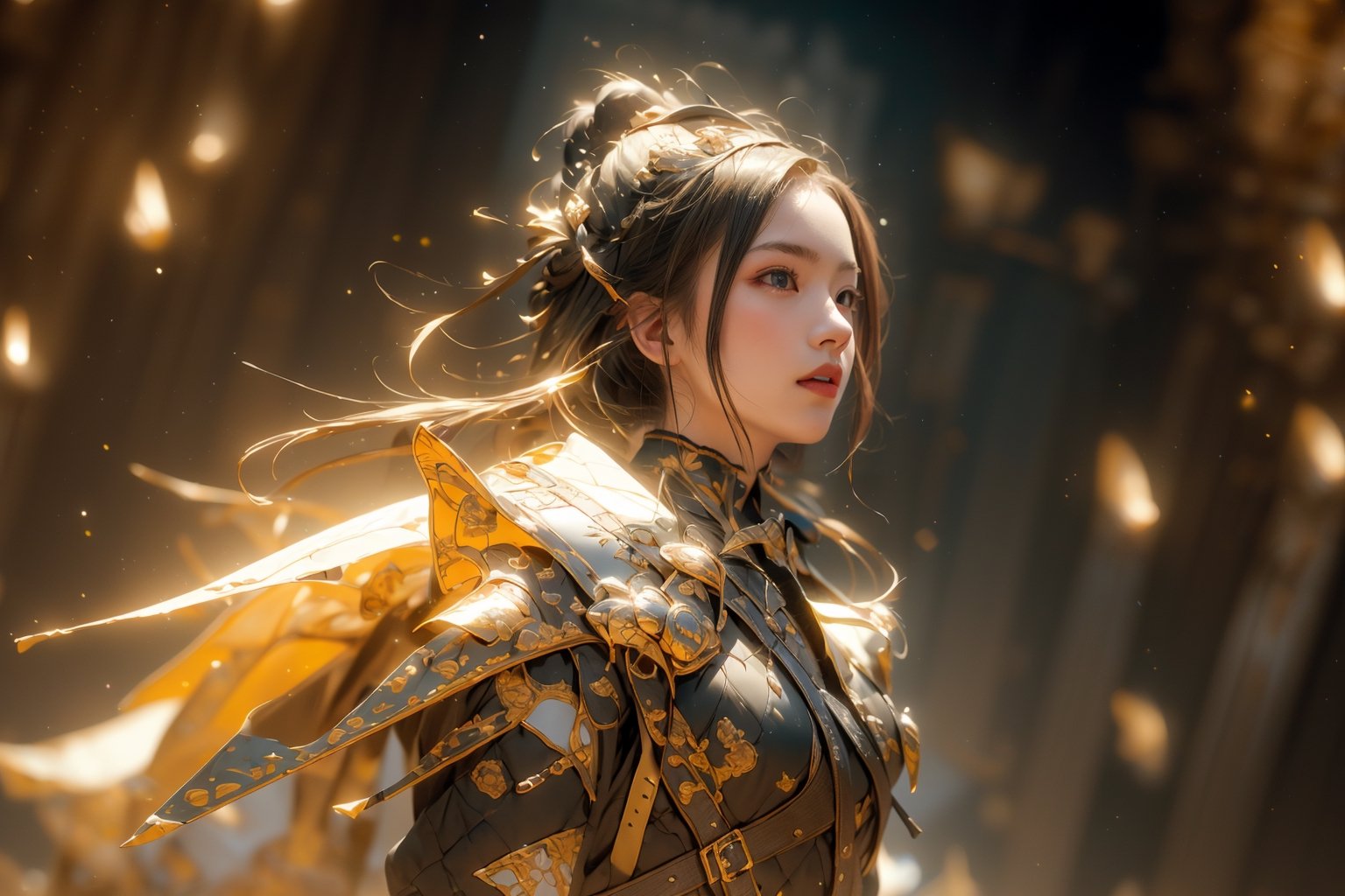 best quality, masterpiece, beautiful and aesthetic, 16K, (HDR:1.4),  cinematic lighting, ambient lighting, warm light, sidelighting, Exquisite details and textures, cinematic shot,  fantasy landscape, temple inside a large cave, fireflies,knight,armor,1girl,1 girl