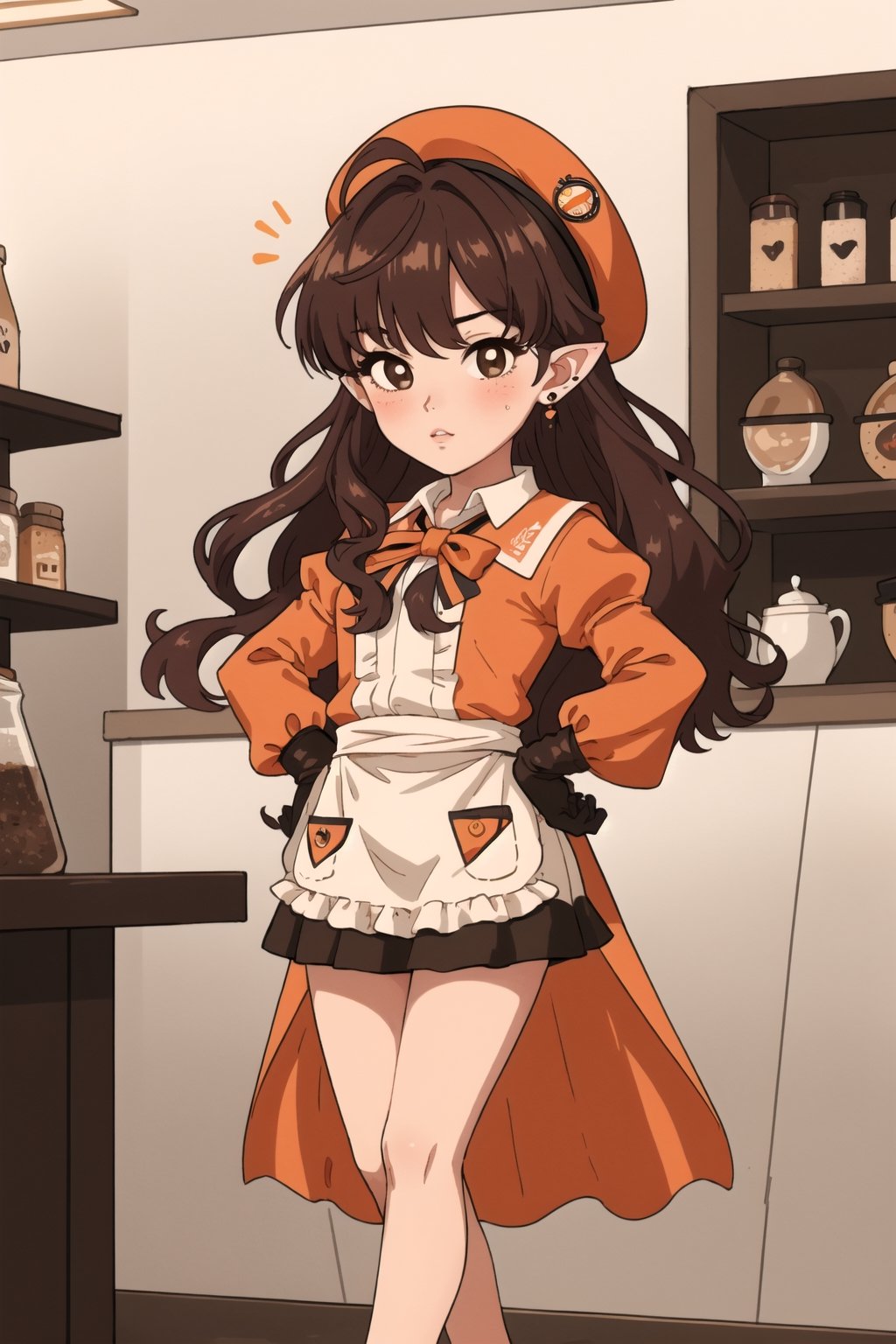 stout, short, young, dwarf, light skin, halfling, long hair, curly dark brown hair, female, (masterpiece) , round face, shy, pointy ears, stewardess, blush, uniform, high heels, hat, capelet, mantle, ruffle compatible, half_apron, brown_eyes, browneyes, nervous, airship, short_legs, short legs, tiny, ,ichinose shiki, brown eyes, dark eyes, dark hair, long skirt, long sleeves, short torso, child, very long skirt,Wide hips, hat, chibi, super_deformed, cafe, barista, idolmaster, long dress, over the knee dress, office lady, wide hips, poofy sleeves, gloves, frilly_dress, orange uniform, orange clothes, orange dress,ahoge, red bowtie, long skirt, very long skirt, very long dress