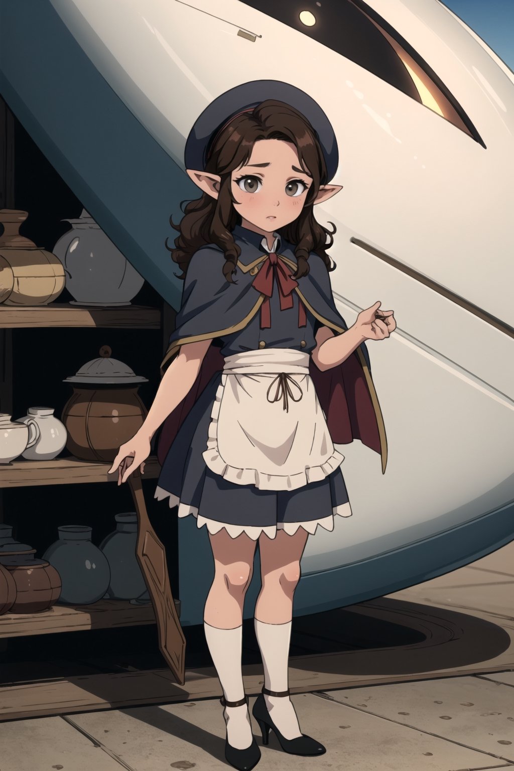 stout, short, young, dwarf, light skin, halfling, long hair, curly dark brown hair, brown eyes, female, (masterpiece) , round face, shy, pointy ears, stewardess, blush, uniform, high heels, hat, capelet, apron, brown_eyes, airship, fringe_trim,LttDrg