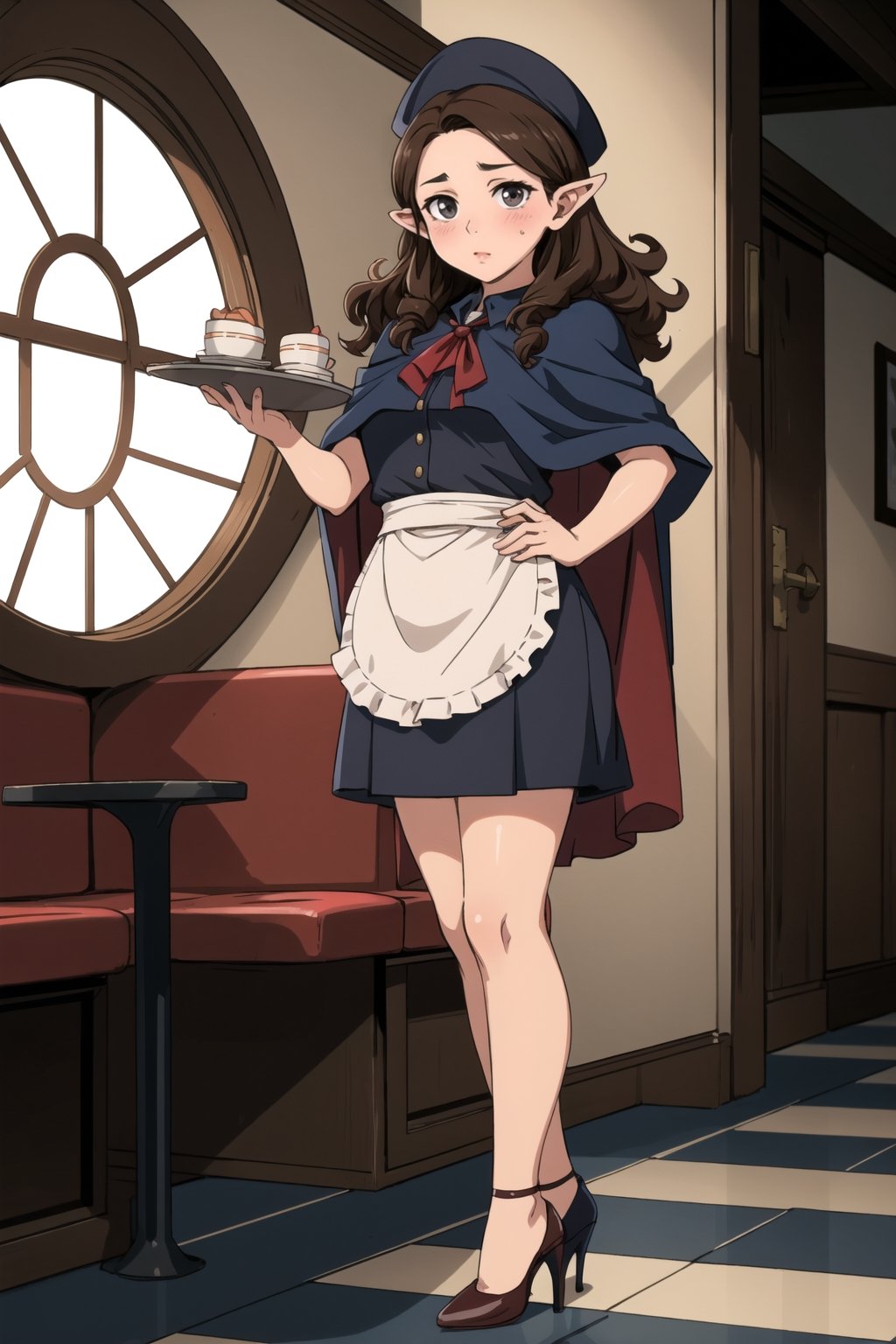 stout, short, young, dwarf, light skin, halfling, long hair, curly dark brown hair, brown eyes, female, (masterpiece) , round face, shy, pointy ears, stewardess, waitress, blush, uniform, high heels, hat, capelet, apron, brown_eyes, airship,