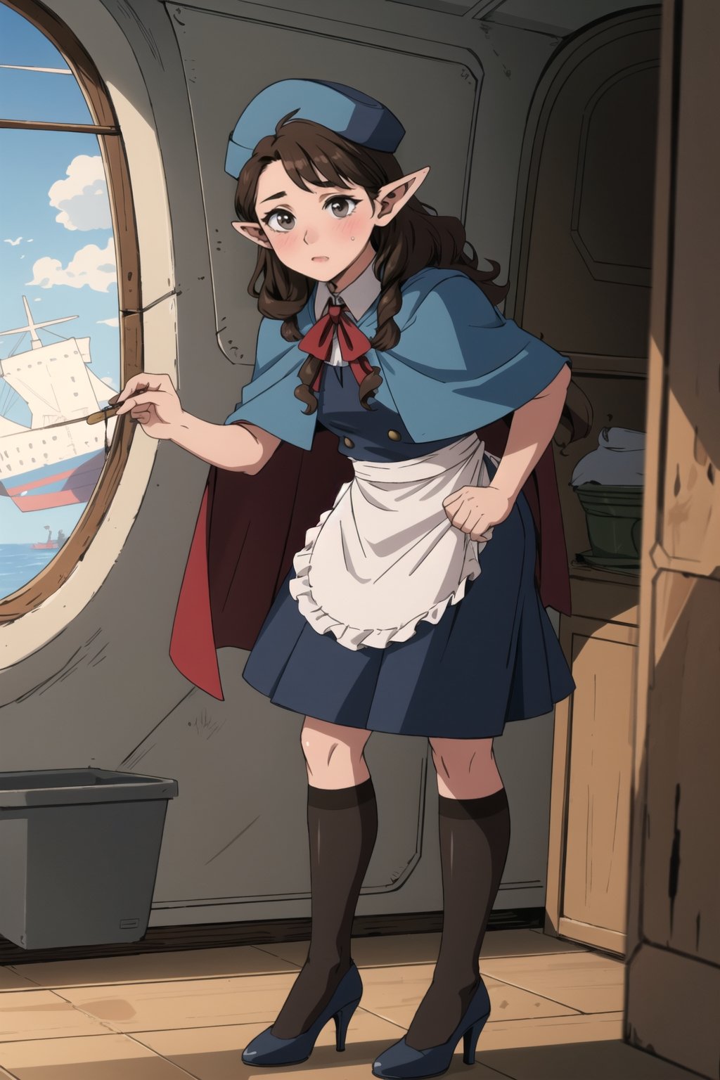 stout, short, young, dwarf, light skin, halfling, long hair, curly dark brown hair, brown eyes, female, (masterpiece) , round face, shy, pointy ears, stewardess, blush, uniform, high heels, hat, capelet, apron, brown_eyes, airship, fringe_trim