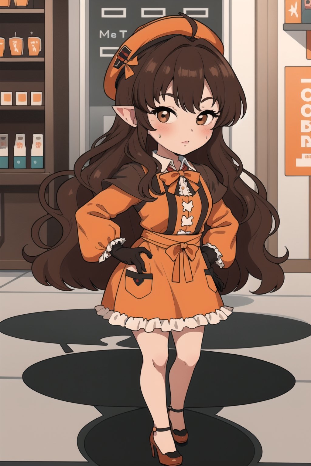 stout, short, young, dwarf, light skin, halfling, long hair, curly dark brown hair, female, (masterpiece) , round face, shy, pointy ears, stewardess, blush, uniform, high heels, hat, capelet, mantle, ruffle compatible, half_apron, brown_eyes, browneyes, nervous, airship, short_legs, short legs, tiny, ,ichinose shiki, brown eyes, dark eyes, dark hair, long skirt, long sleeves, short torso, child, very long skirt,Wide hips, hat, chibi, super_deformed, cafe, barista, idolmaster, long dress, over the knee dress, office lady, wide hips, poofy sleeves, gloves, frilly_dress, orange uniform, orange clothes, orange dress,ahoge, red bowtie, long skirt, very long skirt, very long dress,plump, floor length dress