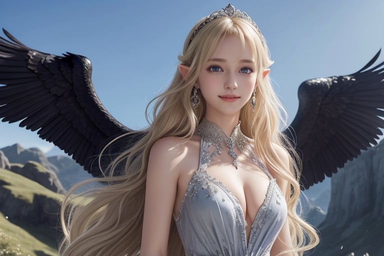 royal dress, 1 girl, girl with huge raven wings, girl with black bird's wings, solo, {beautiful and detailed eyes}, dazzling light, calm expression, natural and soft light, platinume blonde hair blown by the breeze, delicate facial features, Blunt bangs, beautiful korean girl, eye smile, smile, medium breast, very small earrings, 16yo, film grain, realhands, shy smile, Realism, fantasy landscape, fantasy background, friendly setting, elvish fantays, many black ravens flying in the sky, black ravens,breasts
