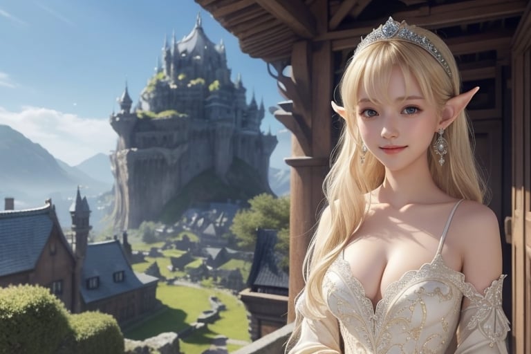 royal dress, 1 girl, solo, {beautiful and detailed eyes}, dazzling light, calm expression, natural and soft light, platinume blonde hair blown by the breeze, delicate facial features, Blunt bangs, beautiful korean girl, eye smile, smile, large breast, very small earrings, 16yo, film grain, realhands, shy smile, Realism, fantasy landscape, fantasy background, friendly setting, elvish like buildings, fantays city, many black ravens flying in the sky, black ravens,breasts