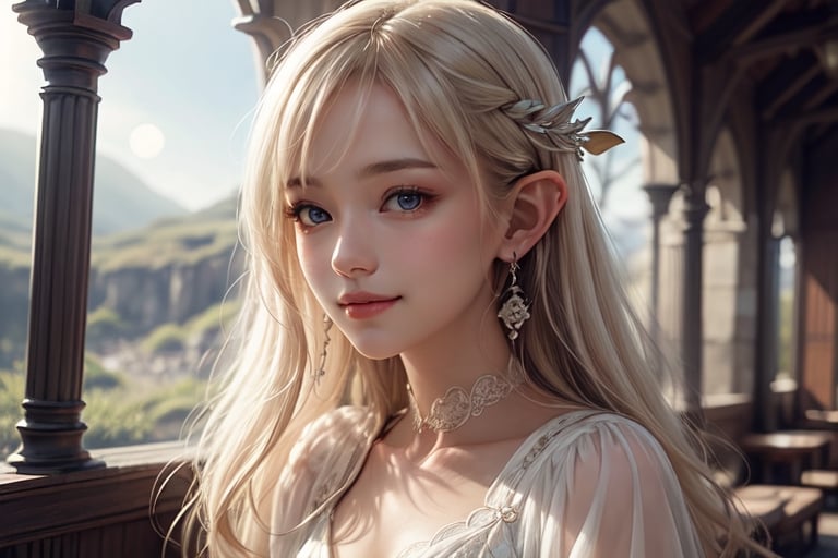 elvish fartasy setting, 1 girl, very bright backlighting, solo, {beautiful and detailed eyes}, medium breasts, round ears, dazzling moonlight, calm expression, natural and soft light, white blonde hair, hair blown by the breeze, very long hair, delicate facial features, Blunt bangs, beautiful elvish girl, eye smile, very small earrings, 16yo, film grain, realhands, shy smile Realism, looking towards me, body towards me, fantasy landscape, fantasy background, friendly setting, elegant, elven world