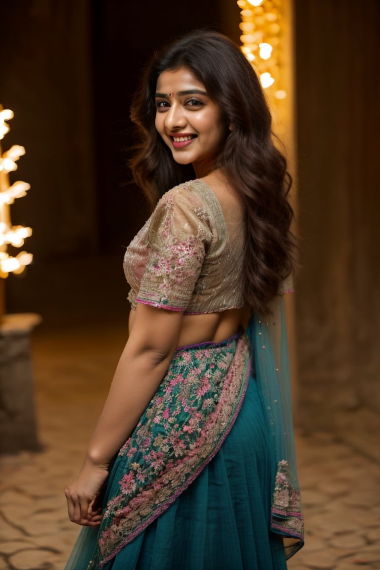 A vibrant and elegant indian woman stands confidently at a bustling open-air market, her dark hair falling in soft waves down her back. She wears a traditional indian outfit, a rich tapestry of color with a flowing skirt in deep shades of blue and purple, intricately embroidered with red and gold flower patterns. Her dazzling white blouse, a huipil with a square neckline, is complemented by a vibrant red sash and adorned with a multi-strand necklace of pearls and colorful beads. Delicate gold bracelets jingle on her arms. The sun casts a warm, golden light, highlighting her radiant smile and the marigolds in her basket, symbolizing the Day of the Dead. She holds a peacock feather fan, adding to the festive atmosphere. The cobblestone path leads to an arch lined with more stalls, inviting exploration. Her eyes shine with joy, her traditional clothing a testament to her heritage. Casual photography captures the lively scene.