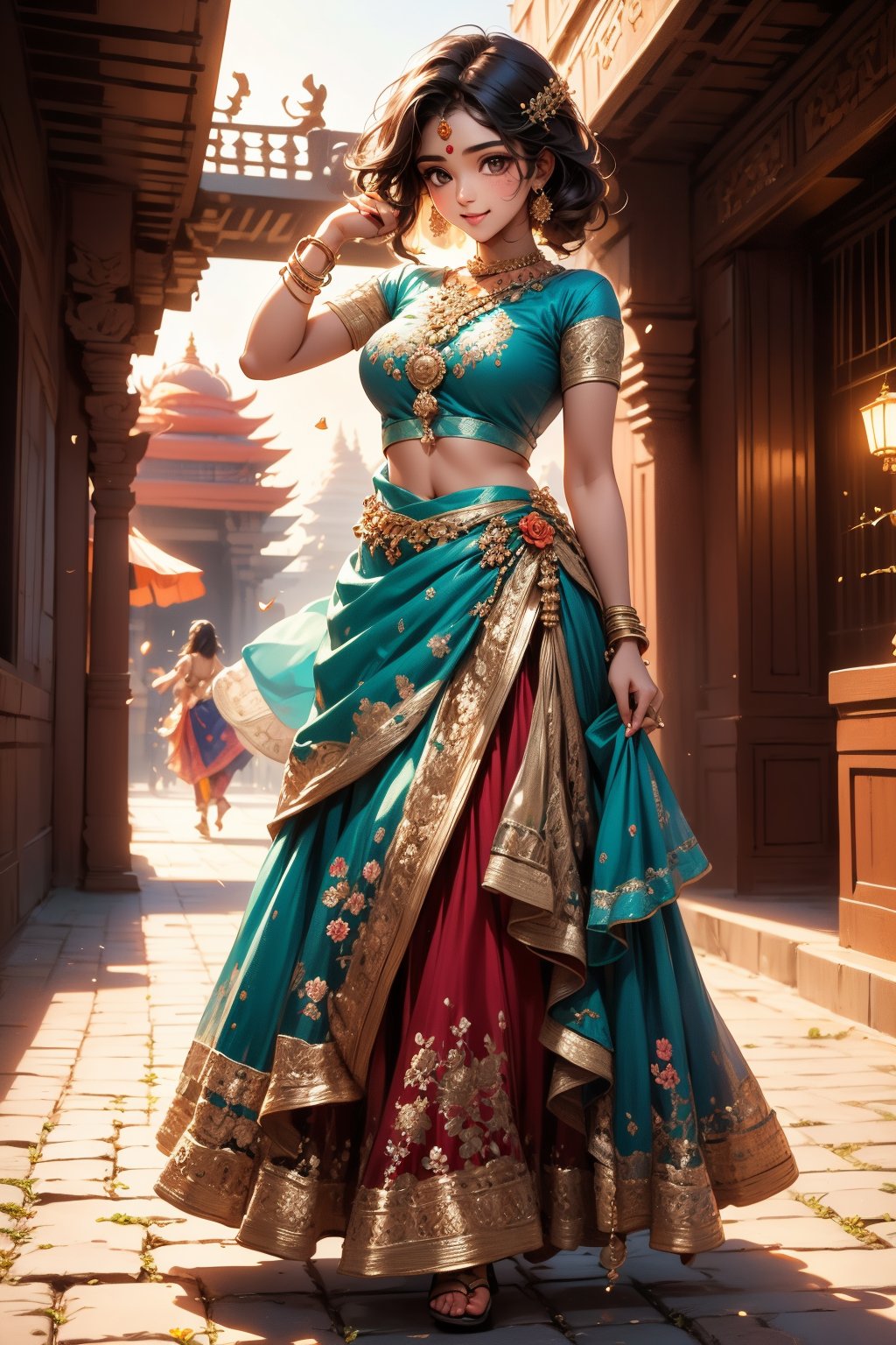 A 20-year-old Indian anime girl stands with a vibrant presence, her features a blend of traditional Indian beauty and anime charm. She has large, expressive eyes that reflect her youthful curiosity and a warm, inviting smile. Her hair is styled in long, flowing tresses, often seen adorned with traditional Indian accessories like flowers or beads. She wears a colorful and intricately designed salwar kameez or lehenga, showcasing the rich textiles and patterns of Indian fashion. The background is a picturesque setting, perhaps a bustling Indian marketplace or a serene temple courtyard, capturing the essence of her cultural heritage. The lighting is bright and colorful, enhancing the animated textures of her clothing and surroundings. Her pose is dynamic, with a sense of movement that brings her character to life, embodying the spirit of a young Indian girl in an anime world.