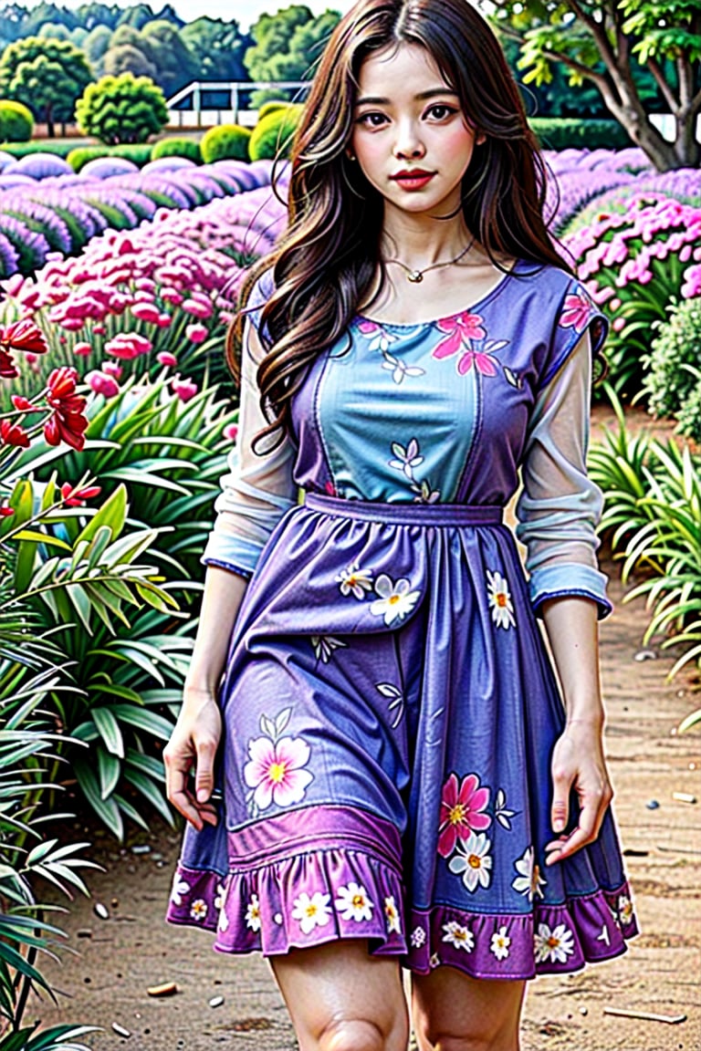 A woman wearing a floral dress and high heels stands in a lavender garden, posing while looking at the audience, 16K, detailed