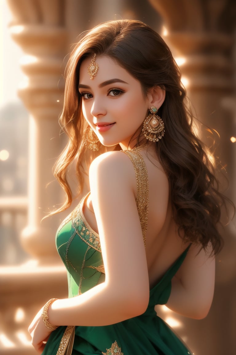 A close-up shot of a young woman, standing alone with her back to a subtle gradient background, gazing directly into the camera with a warm and inviting smile. Her short, richly colored hair - a mesmerizing blend of brown and black hues - frames her heart-shaped face. A stunning green dress hugs her curves, complete with intricate details that catch the light. Her bright brown eyes sparkle as she wears delicate earrings and a necklace, adding to her enchanting cosplay persona.