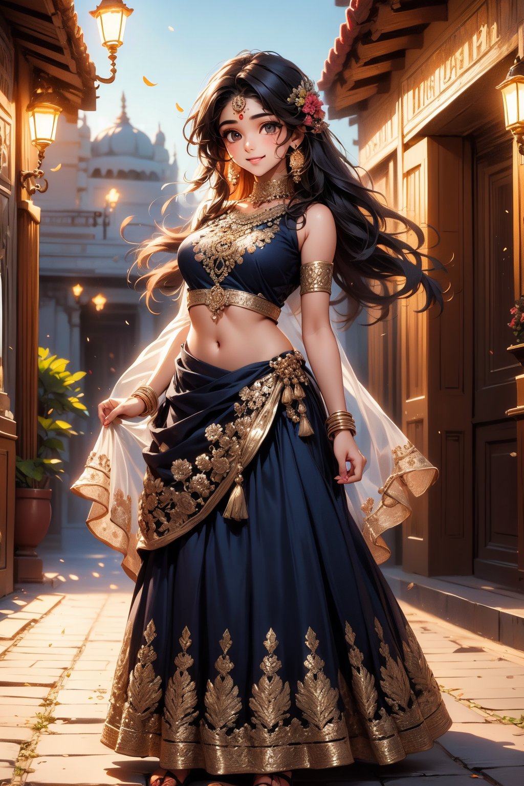 A 20-year-old Indian anime girl stands with a vibrant presence, her features a blend of traditional Indian beauty and anime charm. She has large, expressive eyes that reflect her youthful curiosity and a warm, inviting smile. Her hair is styled in long, flowing tresses, often seen adorned with traditional Indian accessories like flowers or beads. She wears a colorful and intricately designed salwar kameez or lehenga, showcasing the rich textiles and patterns of Indian fashion. The background is a picturesque setting, perhaps a bustling Indian marketplace or a serene temple courtyard, capturing the essence of her cultural heritage. The lighting is bright and colorful, enhancing the animated textures of her clothing and surroundings. Her pose is dynamic, with a sense of movement that brings her character to life, embodying the spirit of a young Indian girl in an anime world.