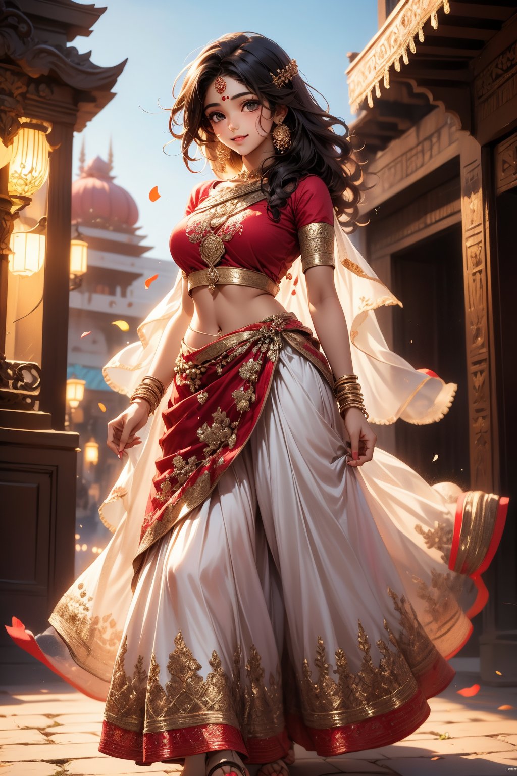 A 20-year-old Indian anime girl stands with a vibrant presence, her features a blend of traditional Indian beauty and anime charm. She has large, expressive eyes that reflect her youthful curiosity and a warm, inviting smile. Her hair is styled in long, flowing tresses, often seen adorned with traditional Indian accessories like flowers or beads. She wears a colorful and intricately designed salwar kameez or lehenga, showcasing the rich textiles and patterns of Indian fashion. The background is a picturesque setting, perhaps a bustling Indian marketplace or a serene temple courtyard, capturing the essence of her cultural heritage. The lighting is bright and colorful, enhancing the animated textures of her clothing and surroundings. Her pose is dynamic, with a sense of movement that brings her character to life, embodying the spirit of a young Indian girl in an anime world.