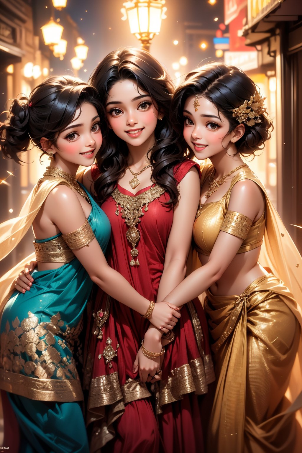 A close-up shot of a girl with striking black hair and a warm, genuine smile. Surrounded by two friends, all three girls sparkle with excitement as they wear matching necklaces featuring shiny rings. In a playful parody of traditional matronly images, the trio exudes youthful energy and joy, set against a realistic background that blends seamlessly with their vibrant atmosphere.