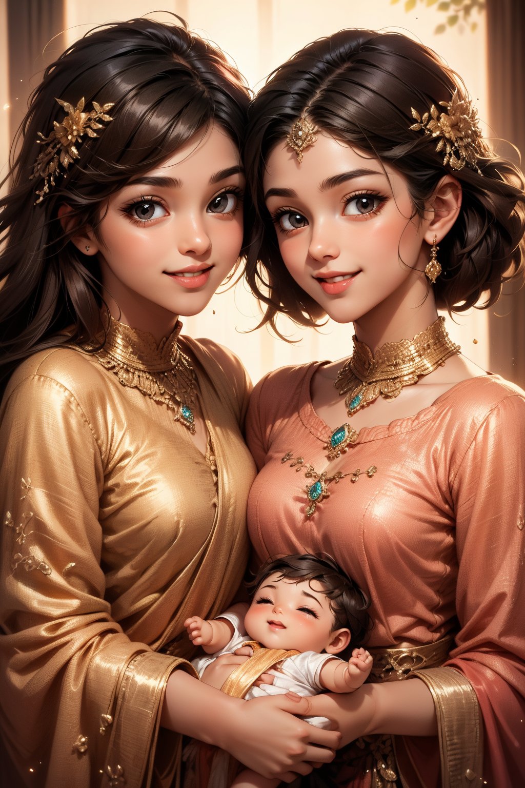 A close-up shot of a smiling girl with striking black hair, surrounded by multiple girlfriends also sporting dark locks. The two girls on either side are adorned in sparkling jewelry, featuring a prominent necklace and rings. In the midst of this playful gathering, one girl tenderly holds a tiny 'baby' doll, as if cradling a precious newborn. The scene is bathed in soft, natural light, with a realistic color palette.