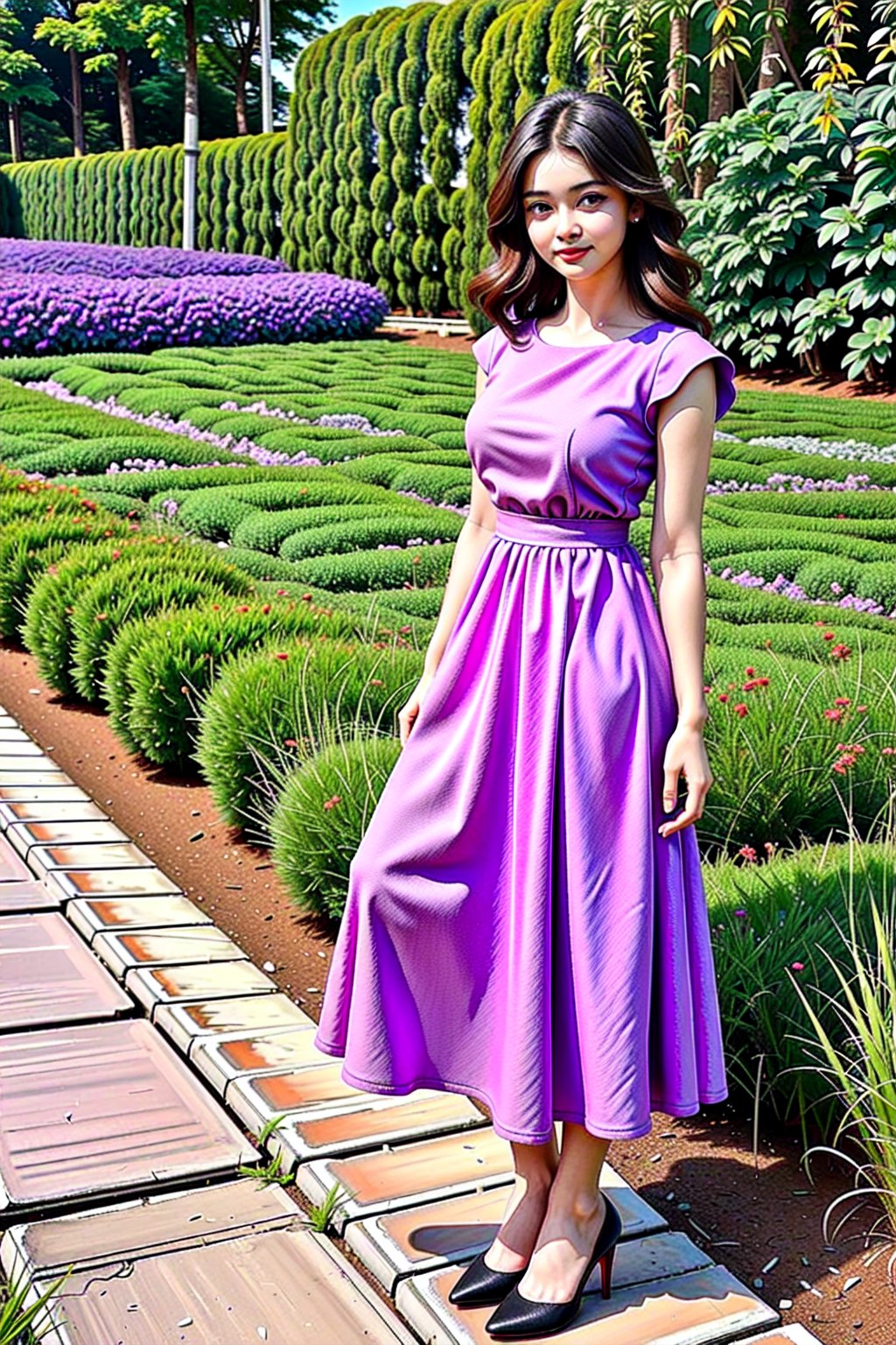 A woman wearing a floral dress and high heels stands in a lavender garden, posing while looking at the audience, 16K, detailed