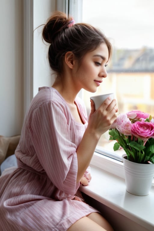 Oil painting, girl leaning against the window sill, resting her chin on the window and looking out the window, wide open window, (outside the window, various flowers are blooming in the flower bed), very delicate and soft lighting, details, Ultra HD, 8k, animated film, girl , holding a coffee cup, sitting on the window sill, holding a cup in both hands, shaking legs,