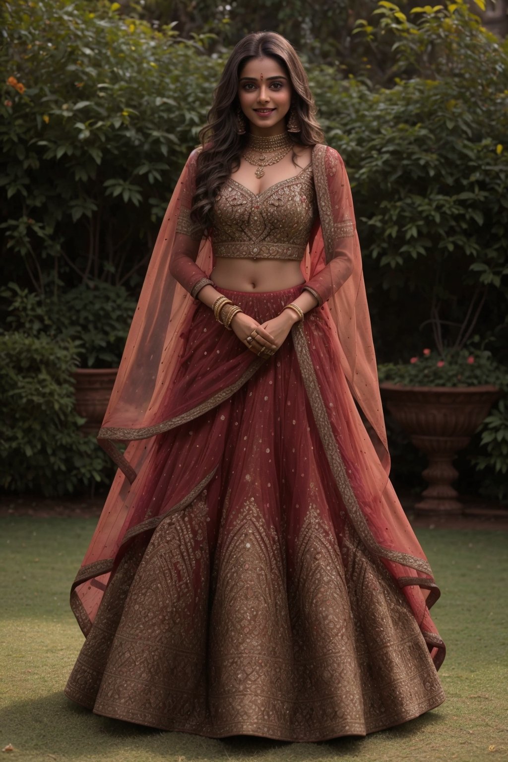  20 year old Indian girl , Indian, brown long hair, standing in garden, sweetheart, Wear Indian lehnga choli, glowing fare skin, photo realistic, ultra realistic, sexy brown eyes, cute smile, Indian fashion mode, dancing, photo realistic, indian actress, looking camera,, feeling good ,Details indian girl ,zari00lehnga0